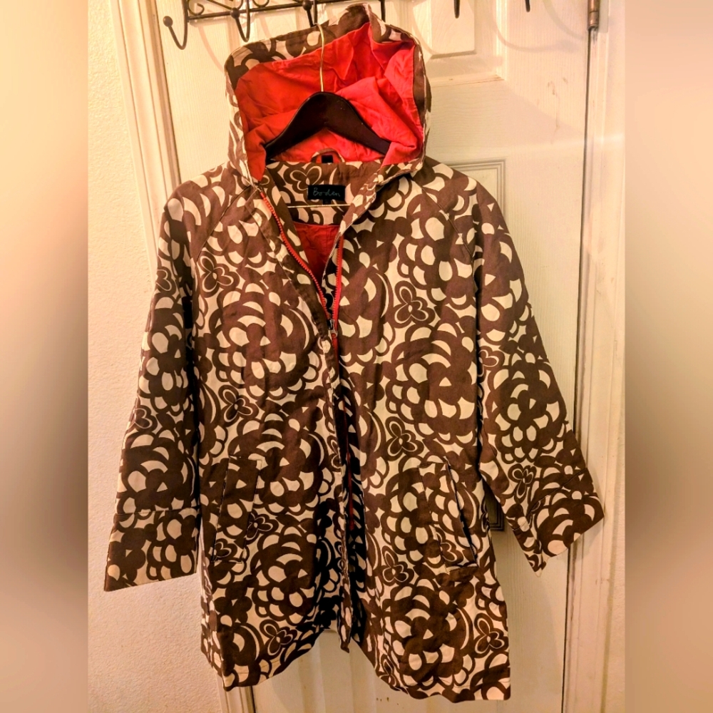 Boden Brown and Cream Floral Patterned Hooded Trench Coat